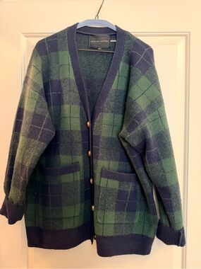 English Factory Green and Navy Plaid Oversized Cardigan Sweater